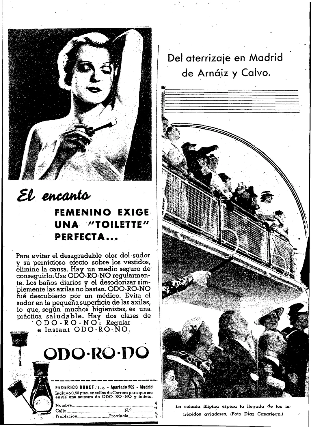 Página de la revista Blanco y Negro, editada por Prensa Española, con espectadores esperando el aterrizaje de los aviadores en Madrid
